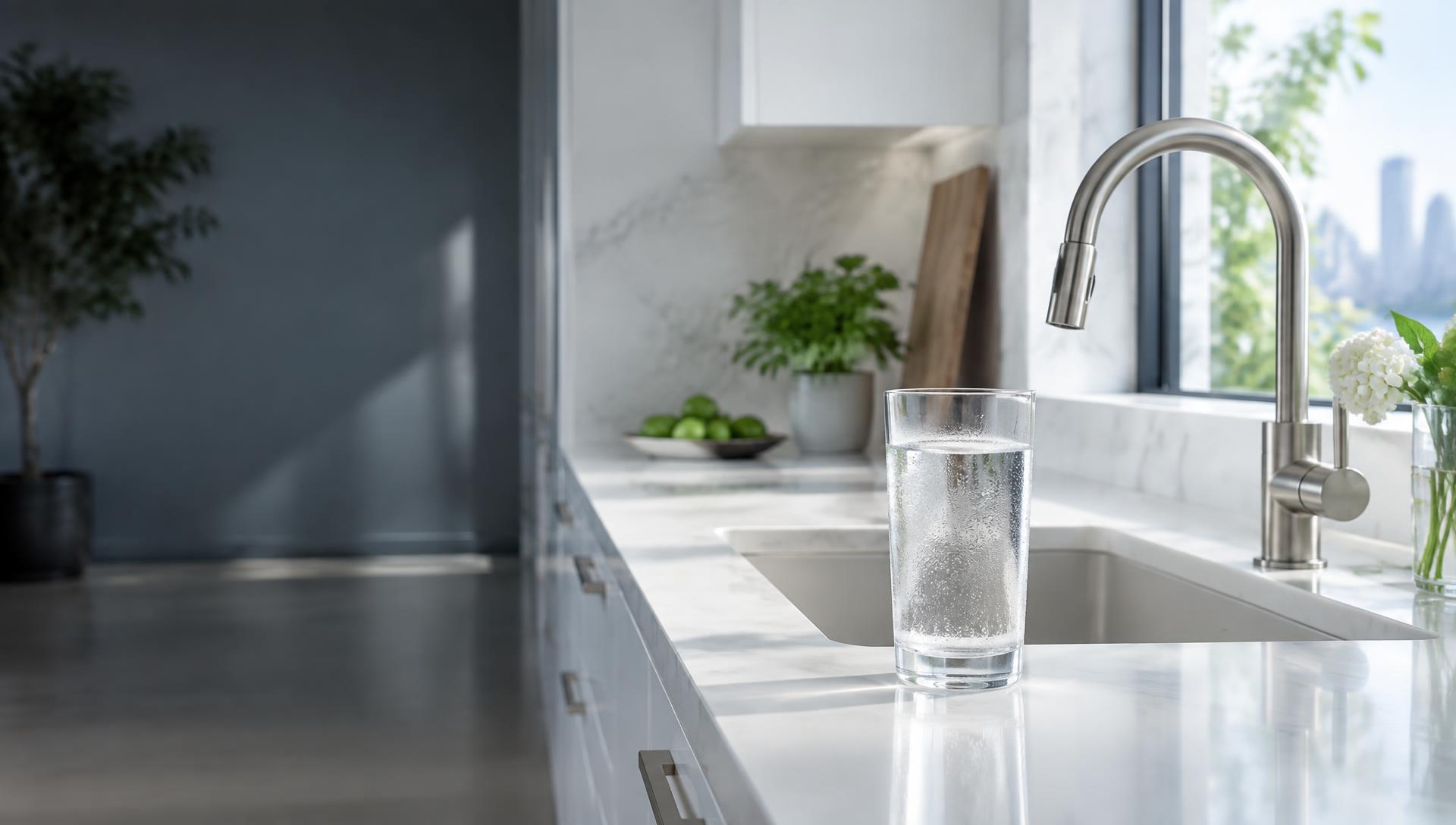 Pure filtered water in a bright modern kitchen